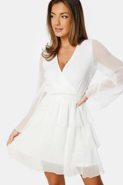 Bubbleroom Kjole Frill Chiffon White Outlet