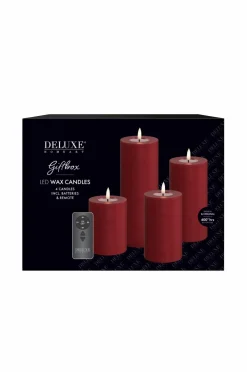 DeluxeHomeart Lys & Duft>LED Giftbox Pillar Candle 4 stk + fjernbetjening Bordeaux