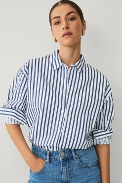 Ellos Skjorter & Bluser>Collection Afslappet skjorte i bomuldspoplin hvid blå randig