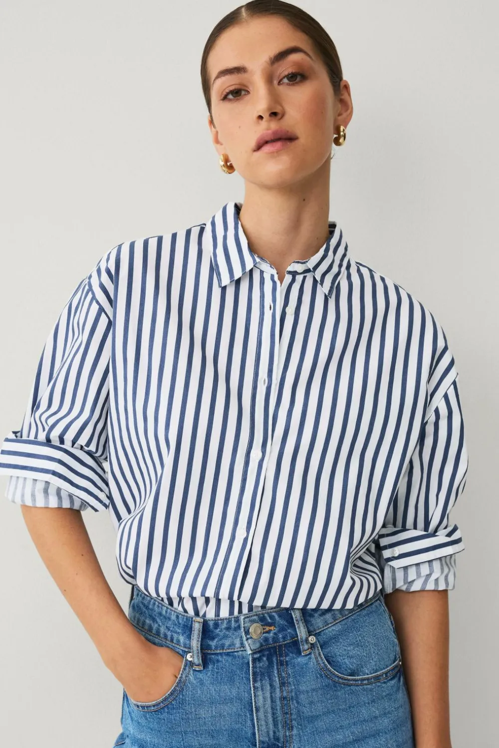 Ellos Skjorter & Bluser>Collection Afslappet skjorte i bomuldspoplin hvid blå randig