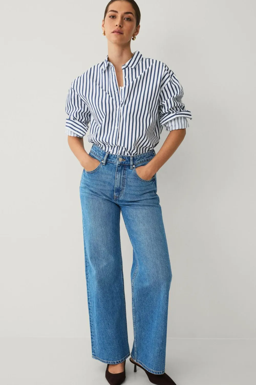 Ellos Skjorter & Bluser>Collection Afslappet skjorte i bomuldspoplin hvid blå randig