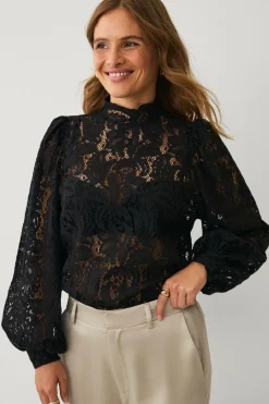 Ellos Collection Blondebluse med høj halsudskæring sort Online