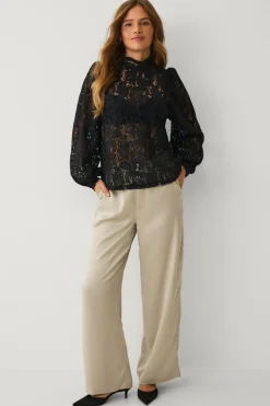 Ellos Collection Blondebluse med høj halsudskæring sort Online