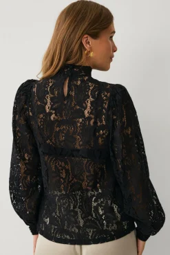 Ellos Collection Blondebluse med høj halsudskæring sort Online