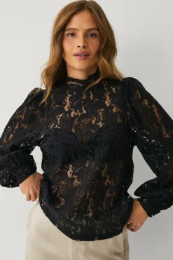 Ellos Collection Blondebluse med høj halsudskæring sort Online