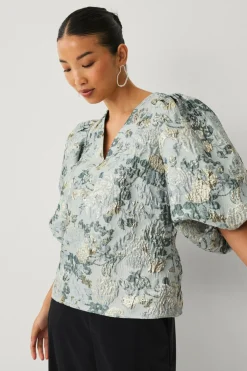 Ellos Skjorter & Bluser>Collection Bluse med ballonærmer Blå/guld aop