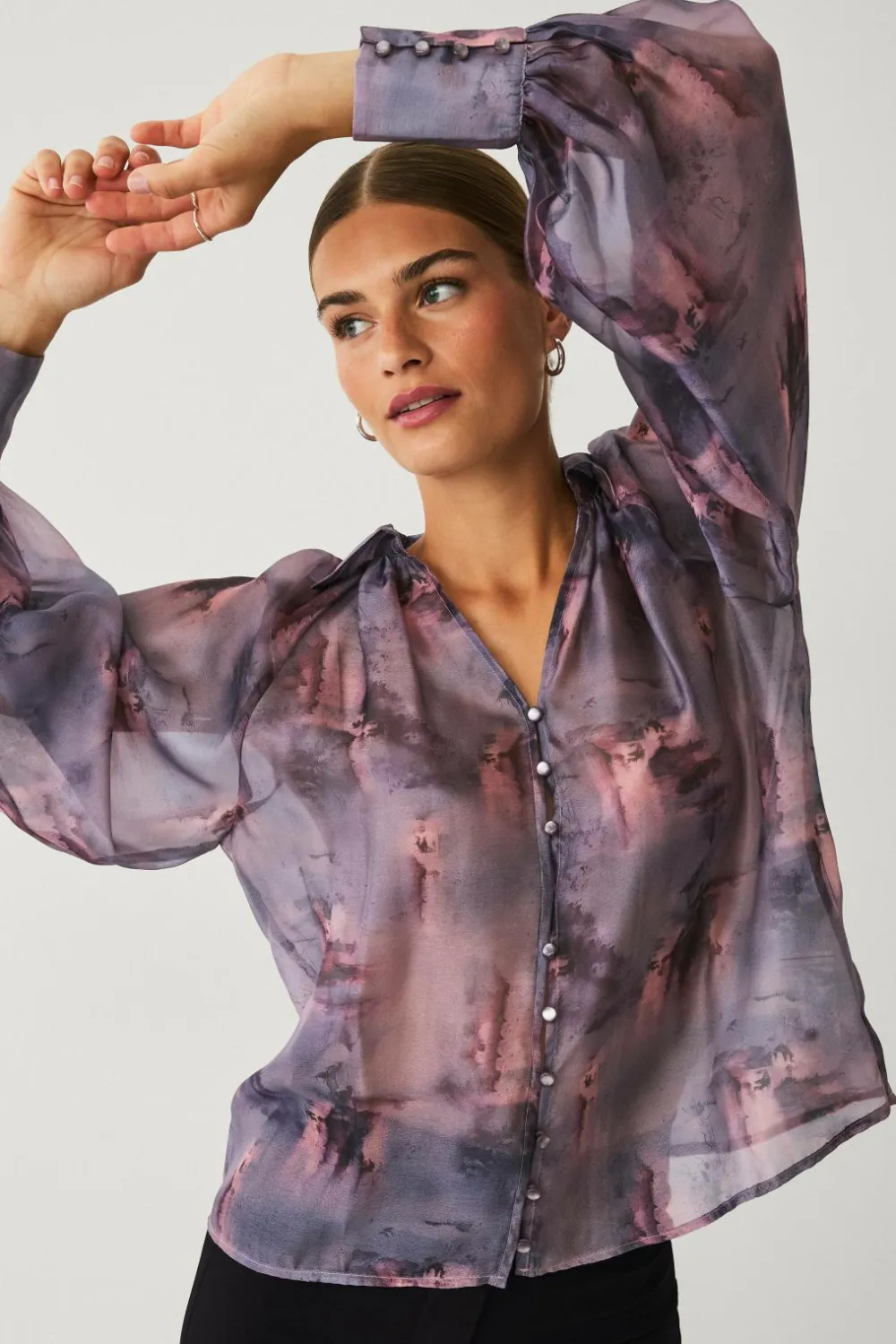 Ellos Skjorter & Bluser>Collection Bluse med pufærmer lilla aop