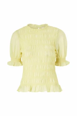 Ellos Collection Bluse med smock og pufærmer Lys gul Hot