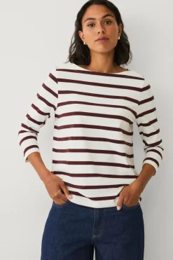 Ellos Collection Bomuldstop med bådudskæring og 3/4-ærmer Brun og hvid stribet Outlet