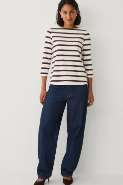 Ellos Collection Bomuldstop med bådudskæring og 3/4-ærmer Brun og hvid stribet Outlet