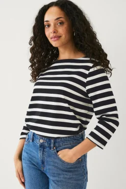 Ellos Collection Bomuldstop med bådudskæring og 3/4-ærmer Hvid-sort stribet Hot