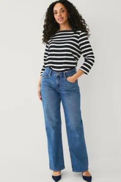 Ellos Collection Bomuldstop med bådudskæring og 3/4-ærmer Hvid-sort stribet Hot