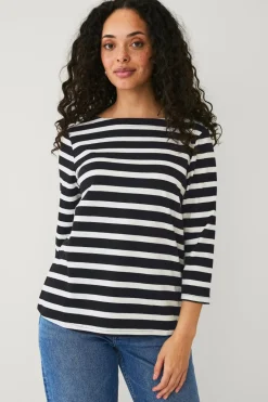 Ellos Collection Bomuldstop med bådudskæring og 3/4-ærmer Hvid-sort stribet Hot