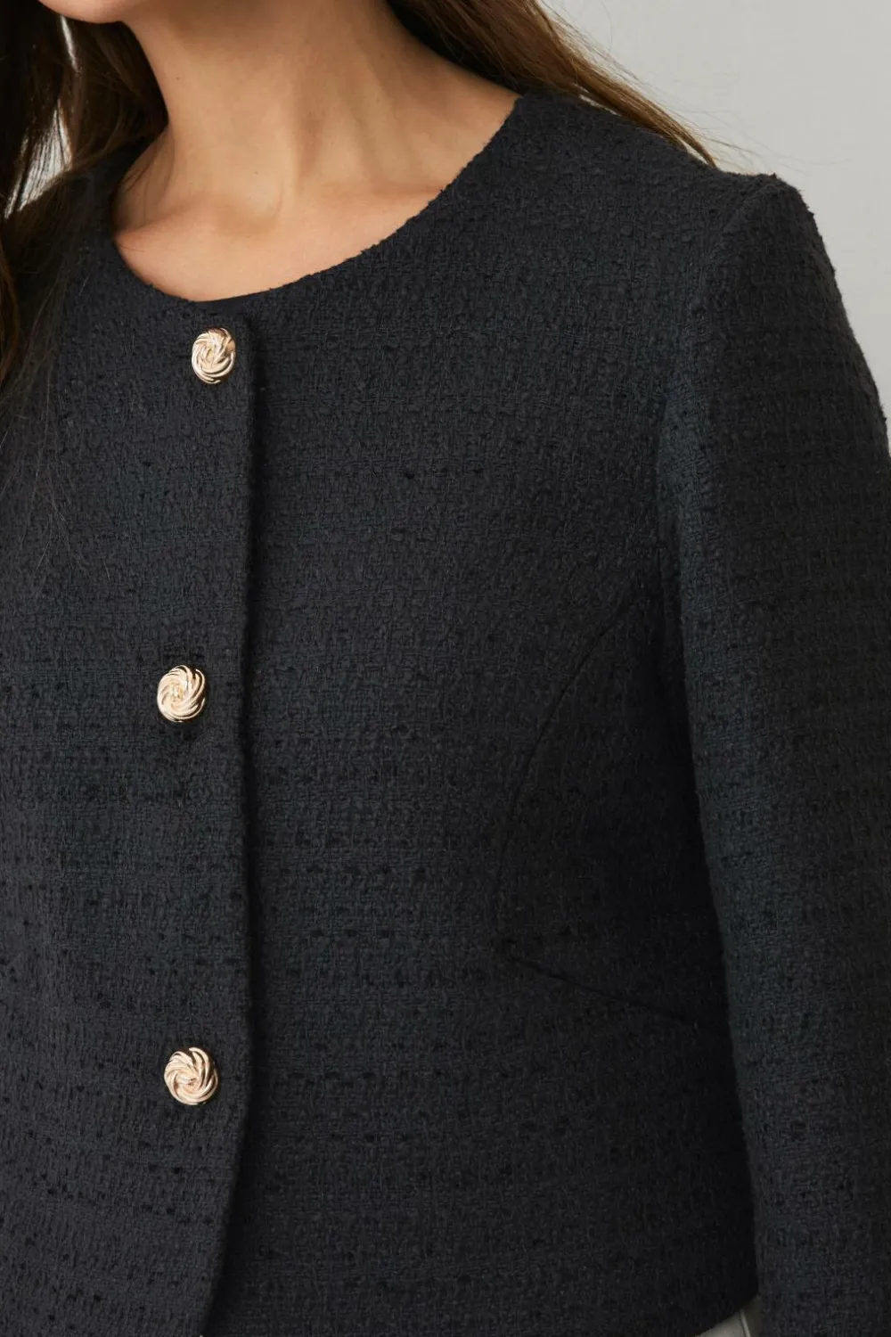 Ellos Blazere & Veste>Collection Bouclé-jakke med guldknapper Sort