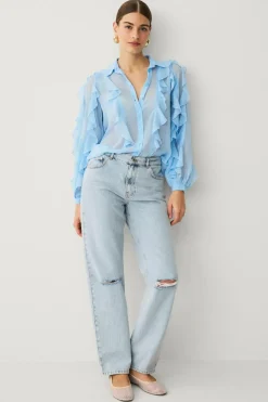Ellos Skjorter & Bluser>Collection Chiffonbluse med flæser og knaplukning Blå
