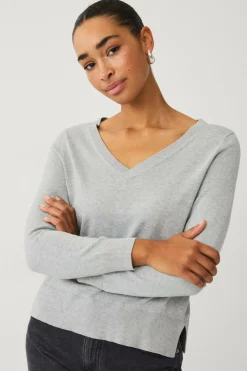 Ellos Basistøj|Trøjer & Cardigans>Collection Finstrikket trøje med v-hals Lys gråmeleret