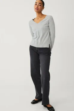 Ellos Basistøj|Trøjer & Cardigans>Collection Finstrikket trøje med v-hals Lys gråmeleret
