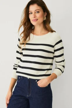 Ellos Basistøj>Collection Fintstrikket Pullover Beige/sort stribet