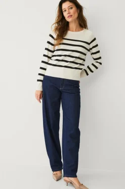 Ellos Basistøj>Collection Fintstrikket Pullover Beige/sort stribet