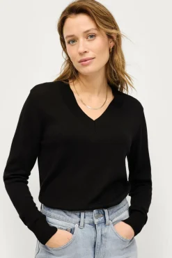 Ellos Collection Finstrikket uldtrøje med v-hals Dybsort Outlet