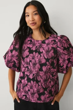 Ellos Collection Jacquardvævet bluse med pufærmer Rosa mønstret Sale