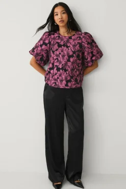 Ellos Collection Jacquardvævet bluse med pufærmer Rosa mønstret Sale