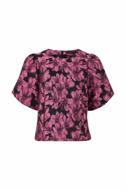 Ellos Collection Jacquardvævet bluse med pufærmer Rosa mønstret Sale