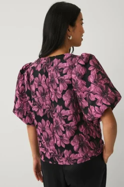 Ellos Collection Jacquardvævet bluse med pufærmer Rosa mønstret Sale