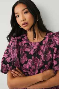 Ellos Collection Jacquardvævet bluse med pufærmer Rosa mønstret Sale