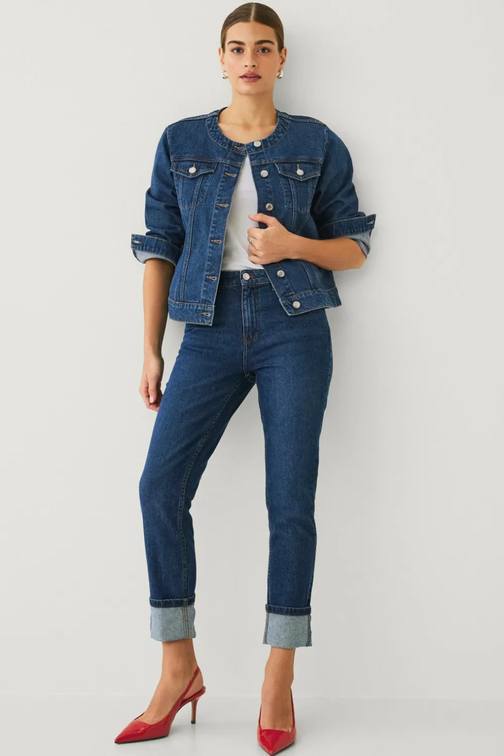 Ellos Jeans>Collection Jeans Slim Straight Folded Mørkeblå