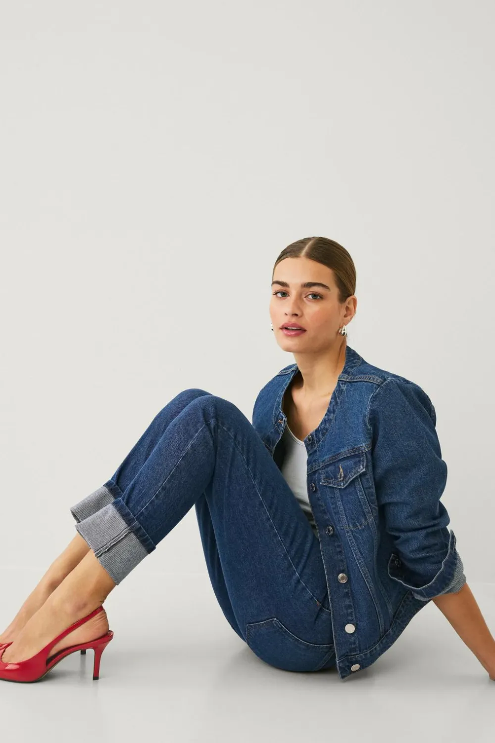 Ellos Jeans>Collection Jeans Slim Straight Folded Mørkeblå