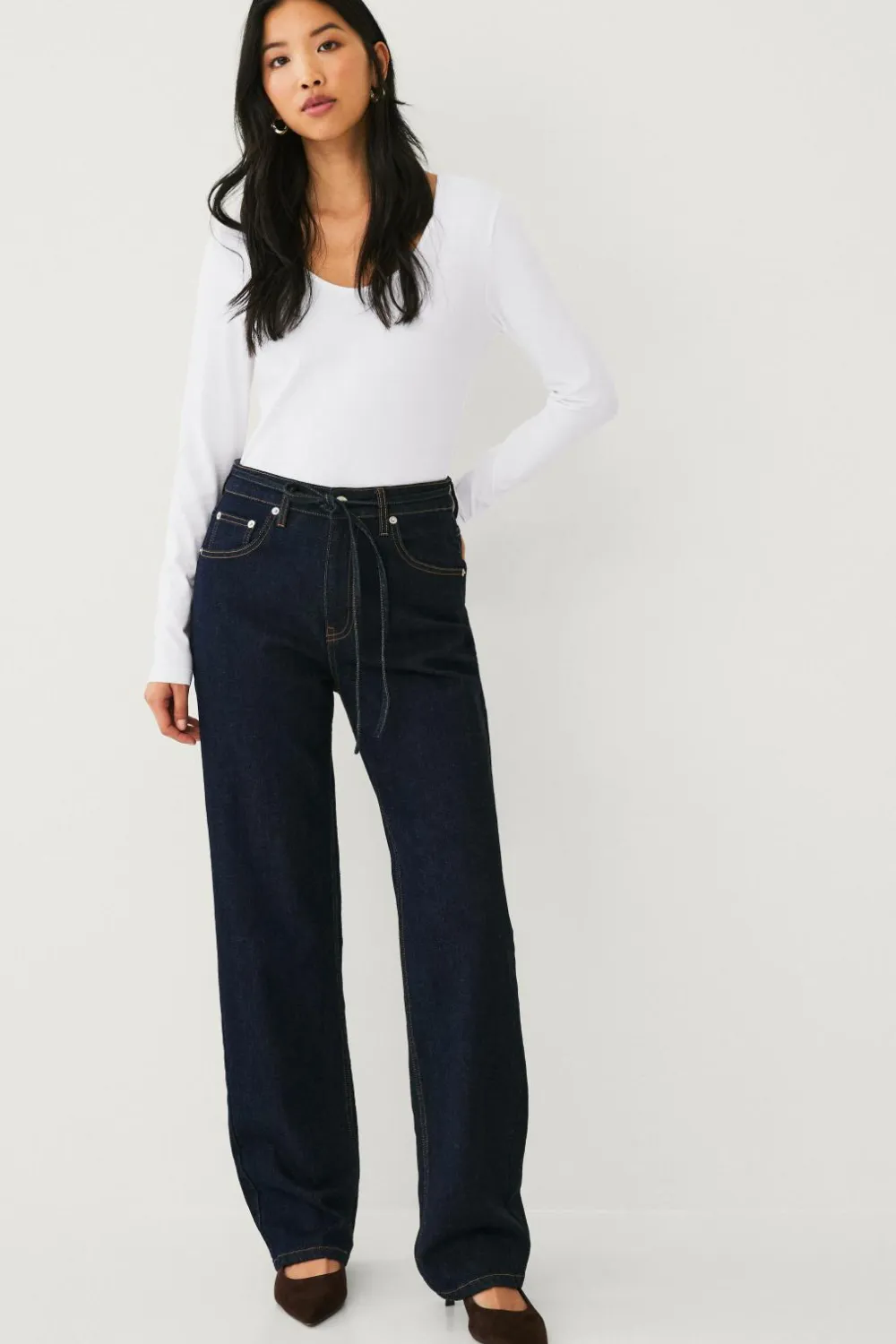 Ellos Collection Jeans med brede ben og bindebånd i taljen Skyllingvask Discount