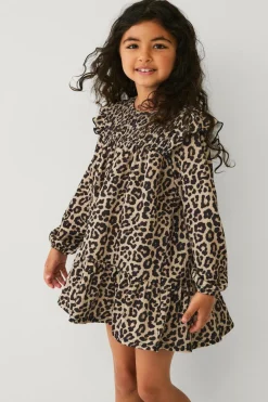 Ellos Kjoler>Collection Kjole med smock og flæser Leopardmønstret