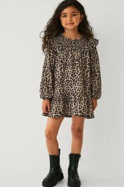 Ellos Kjoler>Collection Kjole med smock og flæser Leopardmønstret