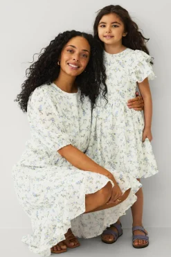 Ellos Collection Kjole med flæseærmer Blå/hvid mønstret Clearance