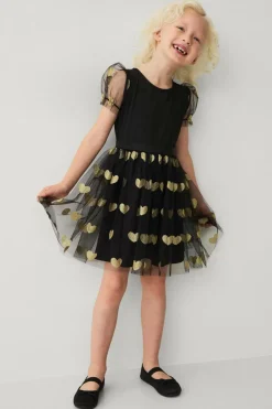 Ellos Collection Kjole med tylskørt og pufærmer Sort med guld hjerte mønster Sale