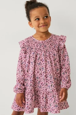 Ellos Collection Kjole med smock og flæser rosa blomstret Best