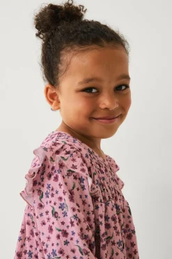 Ellos Collection Kjole med smock og flæser rosa blomstret Best