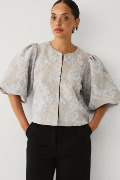 Ellos Collection Kort blusejakke med blomstermønster Beige/blå helprint Outlet