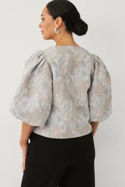 Ellos Collection Kort blusejakke med blomstermønster Beige/blå helprint Outlet