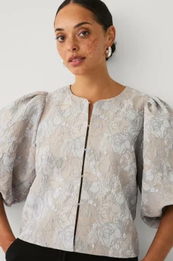 Ellos Collection Kort blusejakke med blomstermønster Beige/blå helprint Outlet