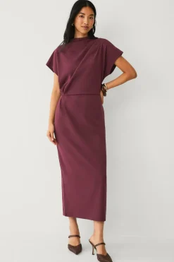 Ellos Collection Lang trikotkjole med drapering Vinrød