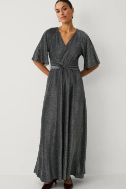 Ellos Kjoler>Collection Maxi kjole i lurex med bindebælte sølv lurex