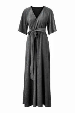 Ellos Kjoler>Collection Maxi kjole i lurex med bindebælte sølv lurex