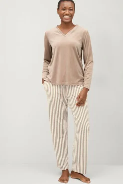 Ellos Collection Pyjamas i velour Greige hvidstribet