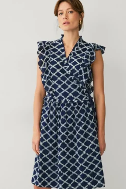 Ellos Kjoler>Collection Slå-om kjole med blondebroderi Blå/creme