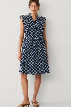 Ellos Kjoler>Collection Slå-om kjole med blondebroderi Blå/creme