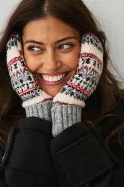 Ellos Collection Strikkede vanter Grå rosa mønstret Clearance