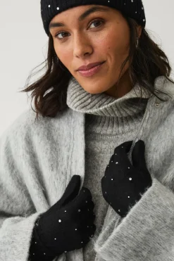 Ellos Handsker & Vanter>Collection Strikkede handsker med rhinstene Svart/silver