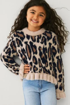 Ellos Collection Strikket trøje med flæser leopardmønstret Discount